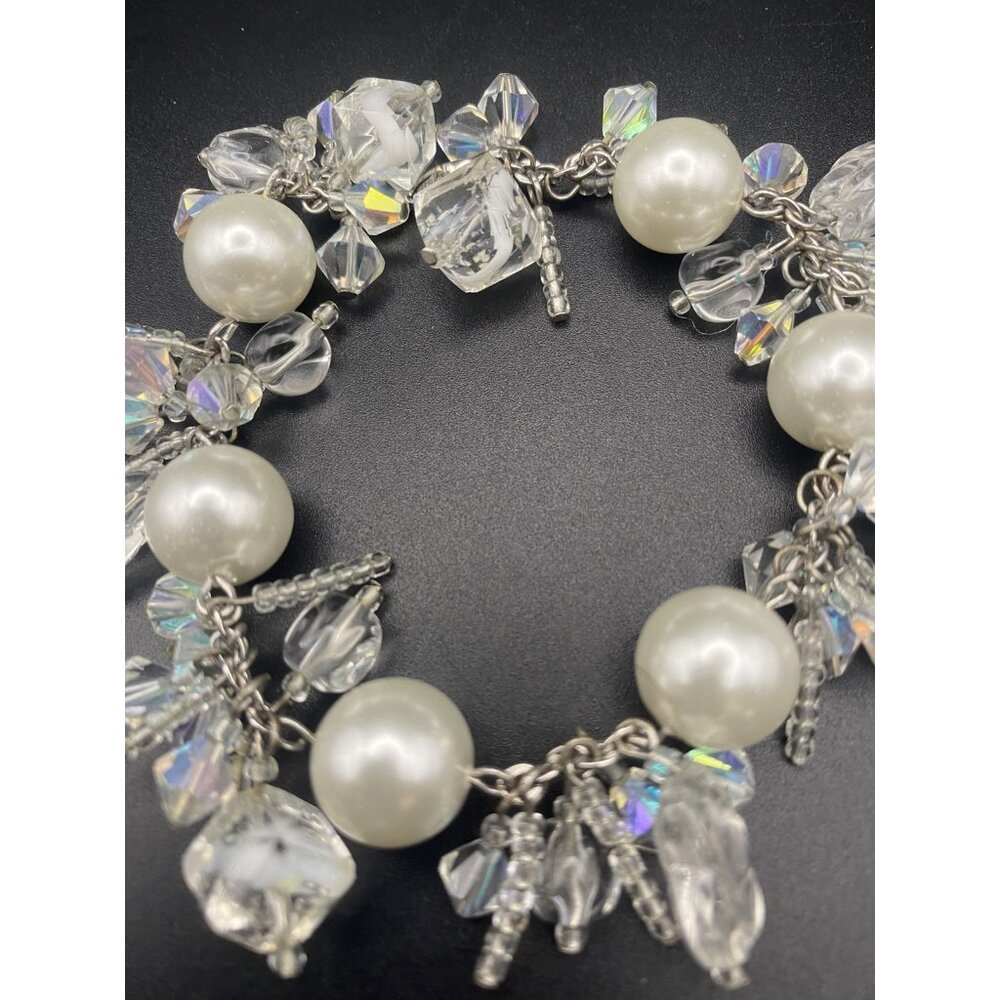 Faux White Pearl Bracelet AB Crystal Silver Tone Bridal Prom Pageant Fits 6.5" - Picture 2 of 8